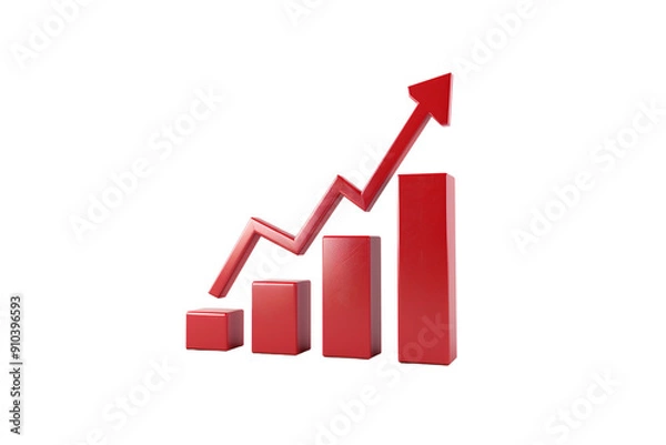 Obraz A red arrow pointing upwards alongside a bar chart, isolated on a transparent background
