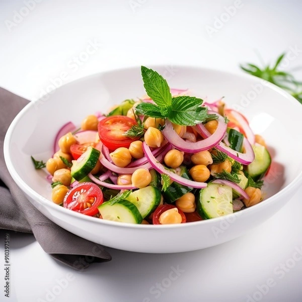 Fototapeta Vegetarian chickpea salad prepared with tomatoes, cucumber, red onion, cress salad and arugula, White Background,