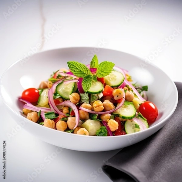 Obraz Vegetarian chickpea salad prepared with tomatoes, cucumber, red onion, cress salad and arugula, White Background,