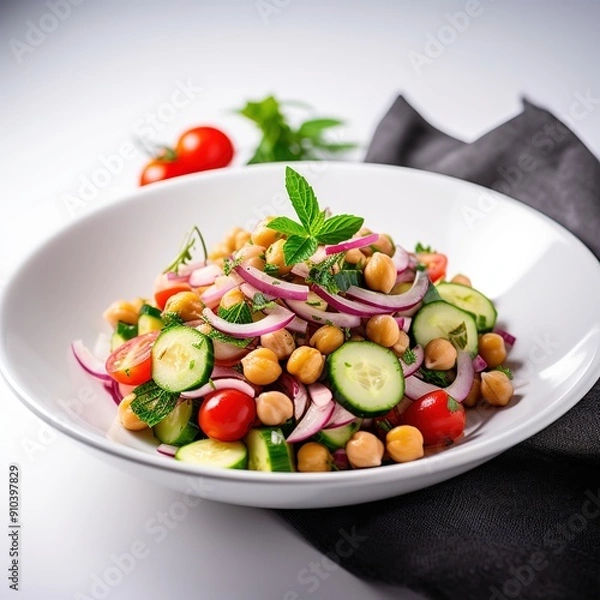 Fototapeta Vegetarian chickpea salad prepared with tomatoes, cucumber, red onion, cress salad and arugula, White Background,