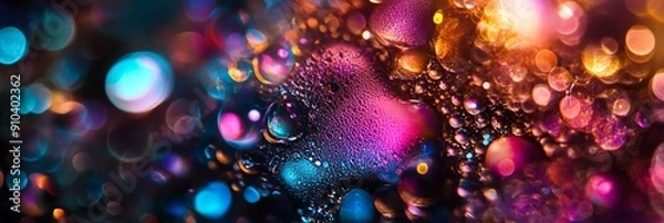 Obraz Abstract dark neon colored bubbles and liquids texture pattern, close up oil water beverage natural texture and motion stream background, metallic luster vivid purple pink golden colors wallpaper.