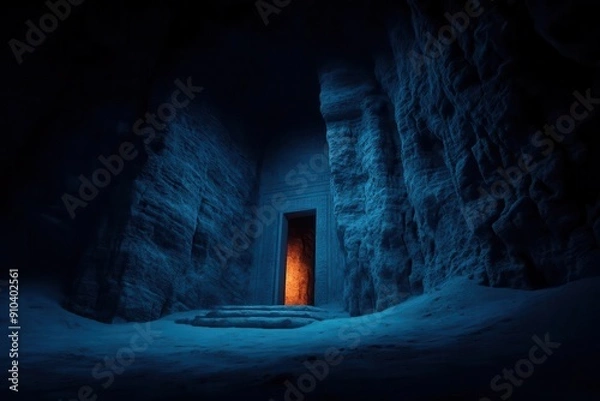 Obraz A mysterious cave entrance illuminated by a warm glow, surrounded by dark, icy rocks. Perfect for fantasy or adventure themes.