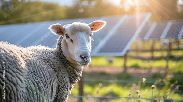 Fototapeta sheep in front, solar panel in background, Animal meets technologie, renewable power source, green energy from sun	