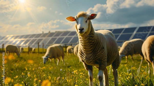 Fototapeta sheep in front, solar panel in background, Animal meets technologie, renewable power source, green energy from sun	