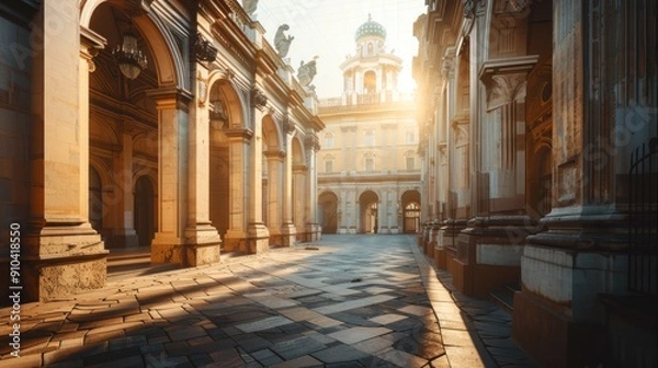 Fototapeta A grand historical building with classical architecture in a city setting, creating a majestic and timeless atmosphere.