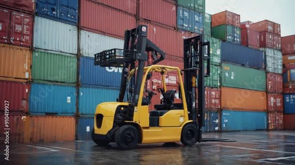 Fototapeta Forklift Parked in Front of Shipping Container Stack
