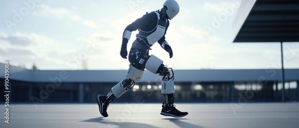 Fototapeta Running robot in an outdoor setting, showcasing advanced mobility. Generative AI.
