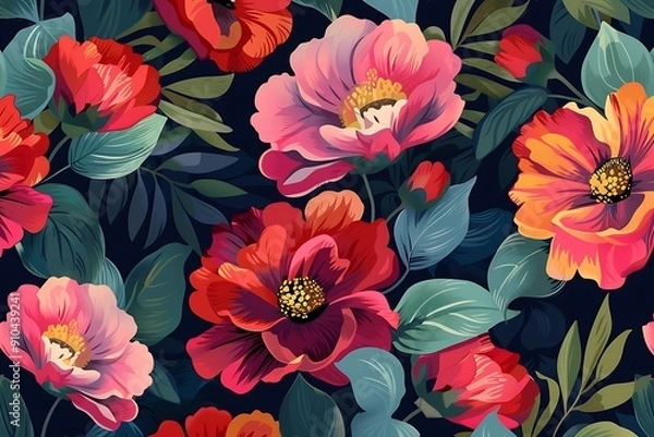 Obraz A vibrant floral pattern with large blooms in shades of red, pink, and orange, with green leaves and stems, set against a dark navy background, creating a bold and striking contrast.
