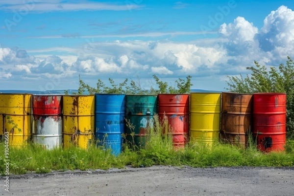 Fototapeta industrial color barrels standing in a row in a warehouse