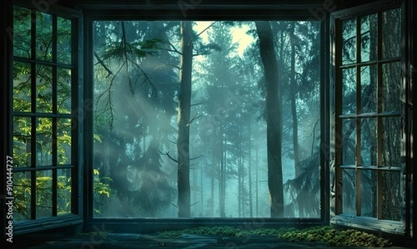 Fototapeta Forest scene from the window, misty morning and towering trees, mystical and enchanting,