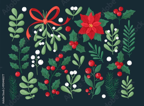 Fototapeta Christmas and winter floral collection on dark background. Set of poinsettia, leaves, branches, berries, holly. Christmas botanic elements for invitations, cards, textile, fabric, posters, banners.