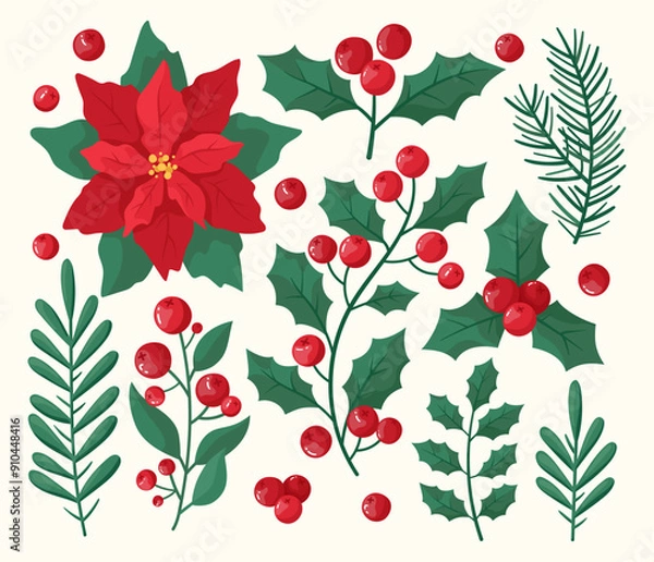 Fototapeta Christmas and winter cozy floral collection. Set of poinsettia, leaves, branches, berries, holly. Christmas botanic elements for invitations, cards, textile, fabric, posters, banners.