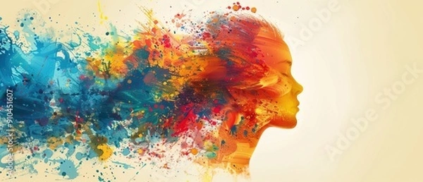 Obraz Mental health and creative abstract concept. Colorful illustration of happy womale head in paint splatter style