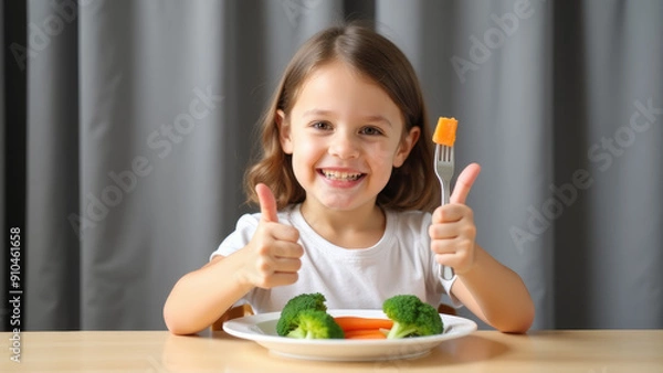Fototapeta A cheerful young girl with a bright smile gives a thumbs up while eating a plate of healthy vegetables, including carrots and broccoli, promoting nutritious eating.