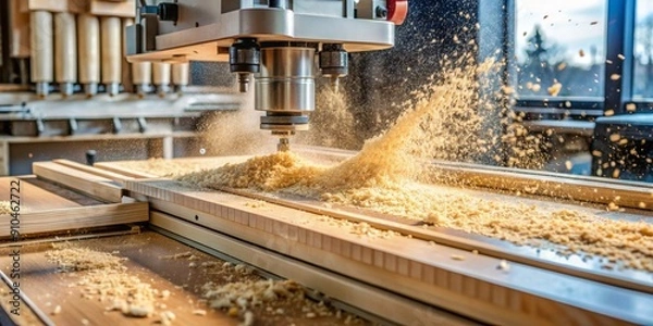 Fototapeta CNC Router Cutting Wood with Sawdust Flying, woodworking, wood carving, cnc machine, sawdust , woodworking, wood carving