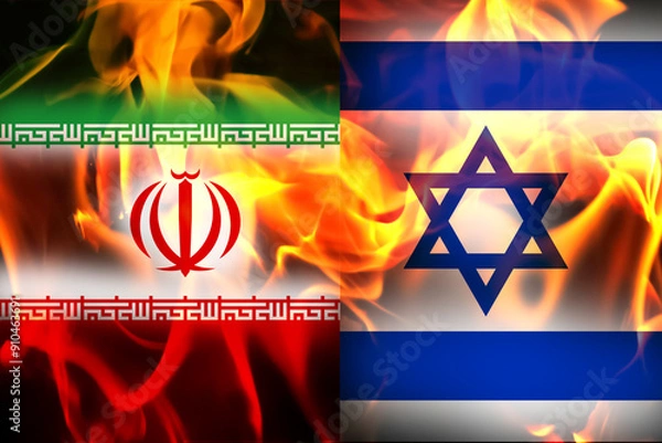 Obraz Conflict between Iran and Israel. Iran Israel war concept. Flags on flame. flames of war in the Middle East