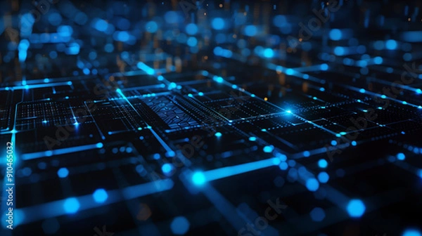 Fototapeta Futuristic digital technology grid expanding on a dark background with glowing blue lines