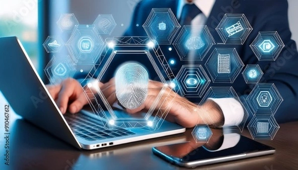 Fototapeta Man working on a laptop with futuristic icons projecting