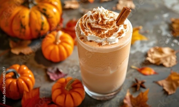 Fototapeta A pumpkin spice milkshake with whipped cream and a cinnamon stick