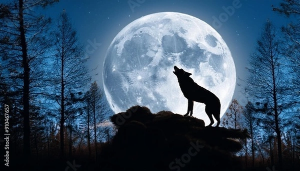 Fototapeta wolf howling at night with a beautiful full moon behind