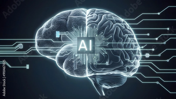 Fototapeta The futuristic brain contains AI text representing artificial intelligence, technology, data science and innovative Internet projects.