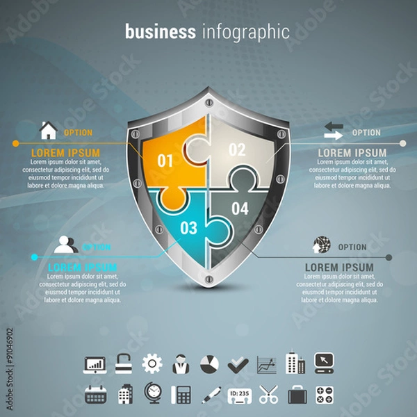 Obraz Business Infographic with shield made of puzzle.