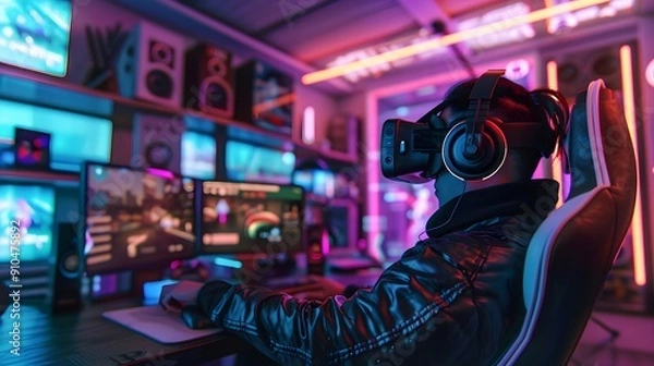 Fototapeta Gamer in VR headset with multiple screens in a neon-lit gaming setup