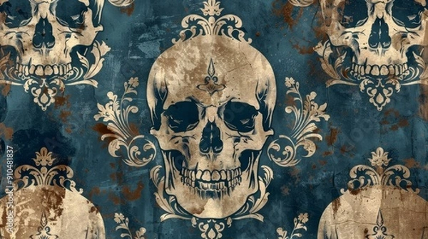Fototapeta Aged seamless macabre damask pattern featuring skulls on dark background