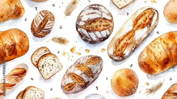 Fototapeta Watercolor flat lay of various artisan breads on a white background