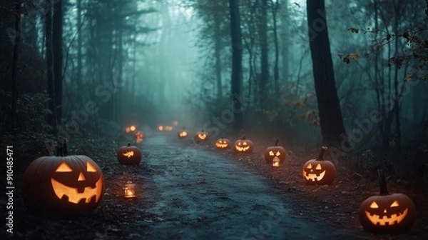 Fototapeta Spooky Forest Path with Carved Pumpkins and Lanterns