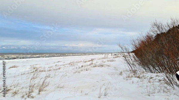 Obraz Snow covered seashore on cold winter day and gray clouds throughout the sky