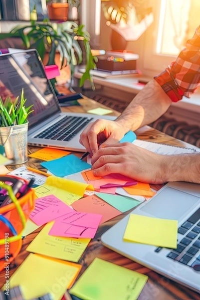Fototapeta Hands organizing colorful sticky notes on a cluttered workspace