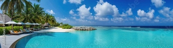 Obraz Tropical Resort Pool with Ocean Views and Palm Trees