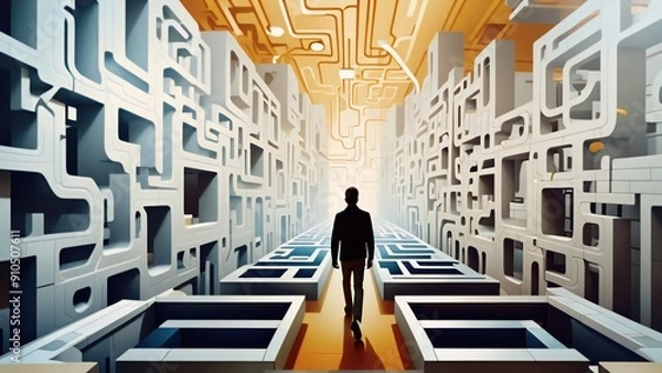Fototapeta Ejecutivo caminando en un laberinto, representa la toma de decisiones de un empresario o gerente. Mundo de negocios. 