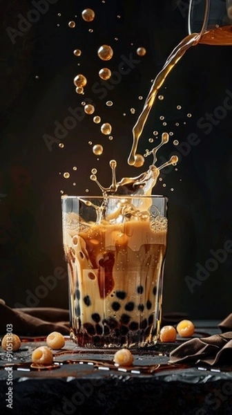 Obraz Refreshing bubble tea being poured with tapioca pearls, milk tea splashing, vibrant boba drink, concept