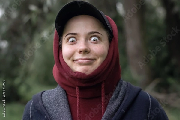 Fototapeta A funny girl in a cap and hood with a strange smile and a look in nature