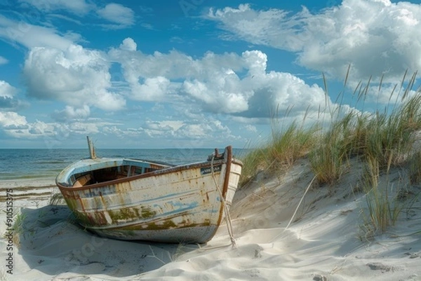 Obraz A boat situated on the edge of a sandy beach, possibly waiting for its next adventure or just taking a break