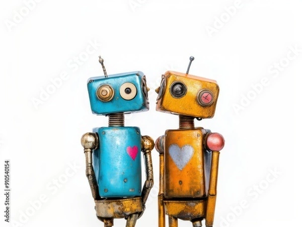 Fototapeta Two vintage robots with heart symbols displaying affection and love, embodying retro charm and companionship