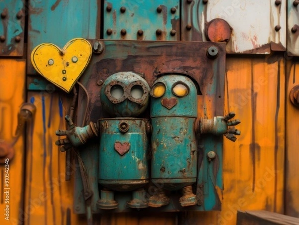 Fototapeta Rusty robots holding yellow heart in vibrant urban setting symbolizing love, companionship, vintage charm