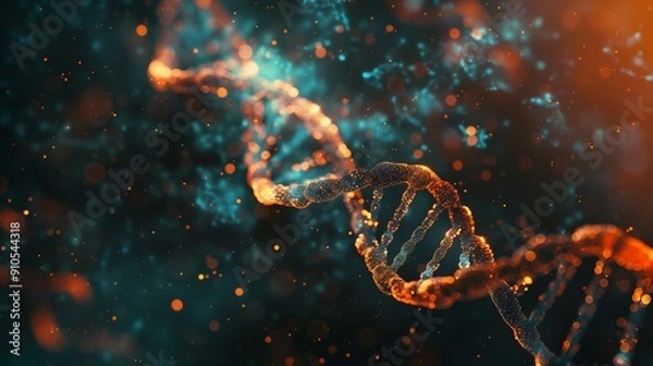 Fototapeta DNA double helix with glowing particles on dark background, turquoise and orange color scheme, highly detailed
