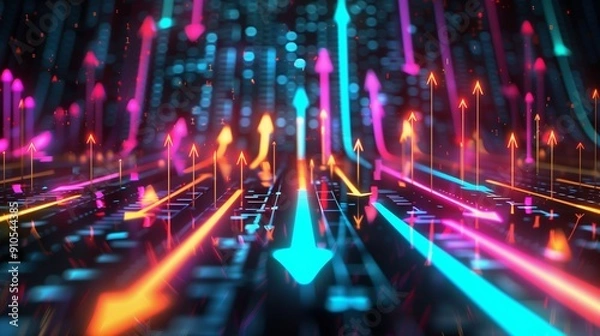 Obraz Futuristic abstract background with bright neon-colored data arrows representing growth, highly suitable for wallpaper or striking abstract visualization