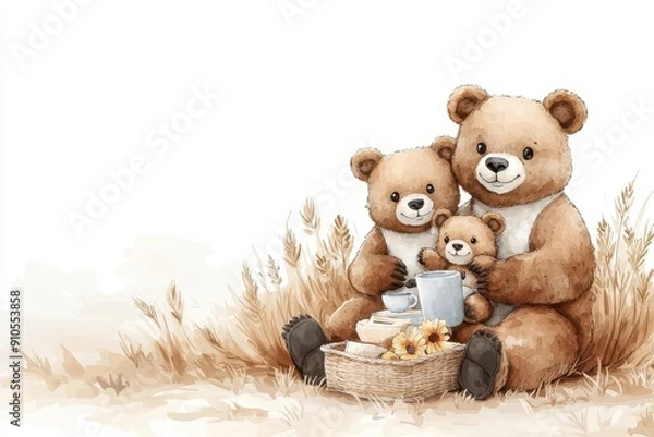 Fototapeta Cute watercolor illustration of a bear family enjoying a picnic in a field.