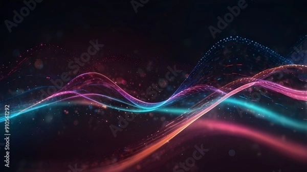 Obraz Abstract futuristic background with bokeh lights and pink-blue luminous neon wave lines moving at a rapid pace. Concept of data transfer Wonderful wallpaper, AI-generated
