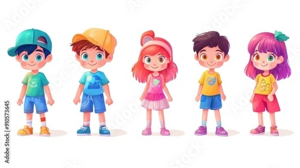 Fototapeta Set of adorable anime kids, boy and girl, colorful and isolated for design projects