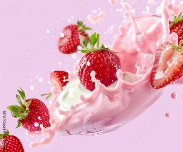 Fototapeta Fresh fruit yogurt splash with ripe strawberries