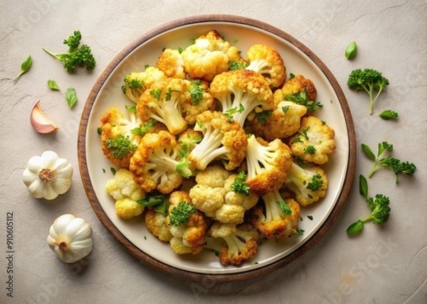 Fototapeta Plate of roasted cauliflower with garlic and herbs, solid light beige background, top-down view, healthy and savory.	