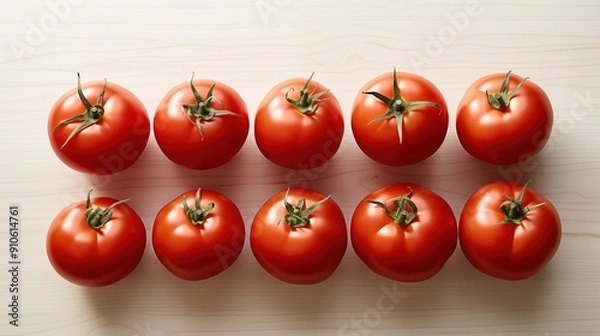 Fototapeta A top view of ten fresh, ripe red tomatoes arranged in two rows on a light wooden surface. The tomatoes have green stems and a shiny surface, showcasing their freshness background.