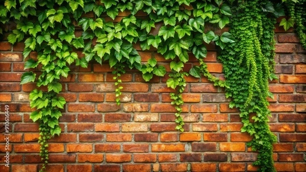 Fototapeta Rustic, aged red brick wall with thick, lush green ivy tendrils cascading down, providing a distressed, natural backdrop with ample copy space.