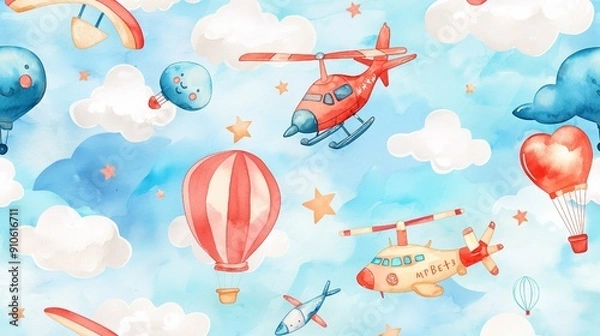 Fototapeta Watercolor set background illustration of a cute cartoon and fancy sky scene complete with airplanes, helicopters, planes, balloons, and clouds. seamless pattern. It's a baby shower design
