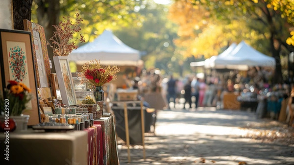 Fototapeta A bustling September art and craft fair featuring local artistsâ€™ work, handcrafted items, and colorful fall decorations